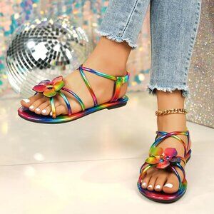 Rainbow Floral Flat Sandals – Retro Open-Toe Roman Style, Comfy & Colorful